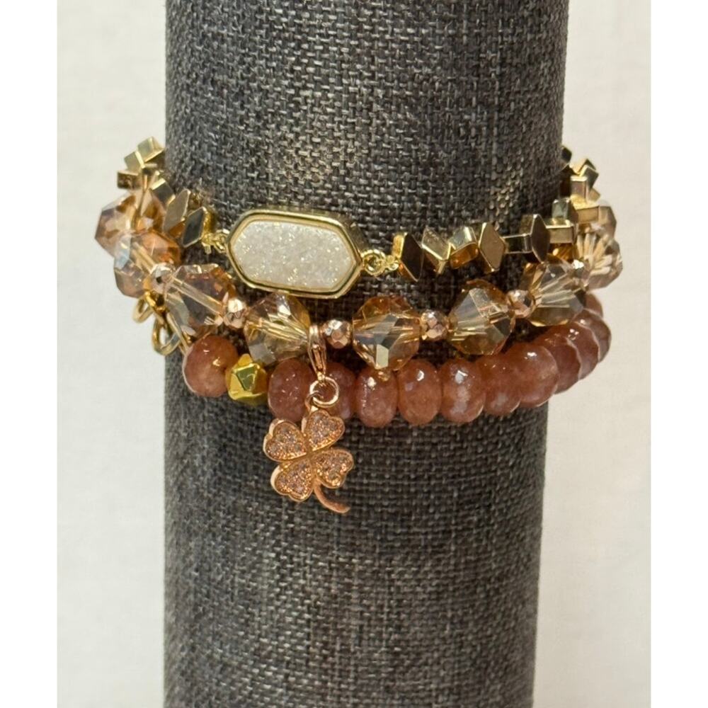 Neutral Boho Bracelet Stack | Gold Beaded Stretch Set w/ Charm